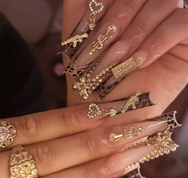 Square Press on Nails Luxury Full Rhinestone Leopard Metal Love Golden Coin Symbol