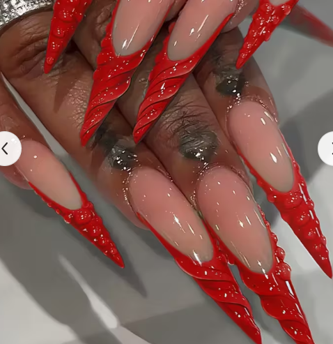 Almond-Shaped False Nails French Style Bright Fiery Red Glossy Shiny Fashionable Spiral Moist Round Beads