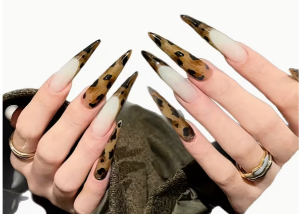 Natural Style with 24 Long Amber Tortoiseshell Leopard Print Stiletto Color-Blocked Nails,