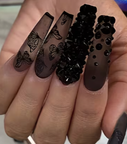 Dark Butterfly long nail art hand-inlaid black beautiful black line design