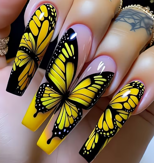 Long Ballet-Style Nails with Butterfly Patterns, "LuxeLash Nails"