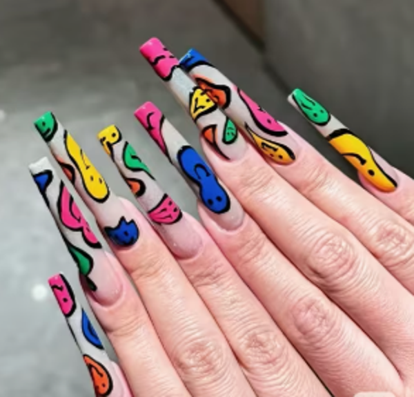 Long Square Press-On Nails - Hand-Drawn Cartoon Design "Mystic Muse"