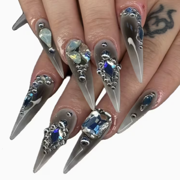 NAIL NINA Long Trapezoidal & Brown Press- Nails with & - Glossy Y2K Punk Nail Art