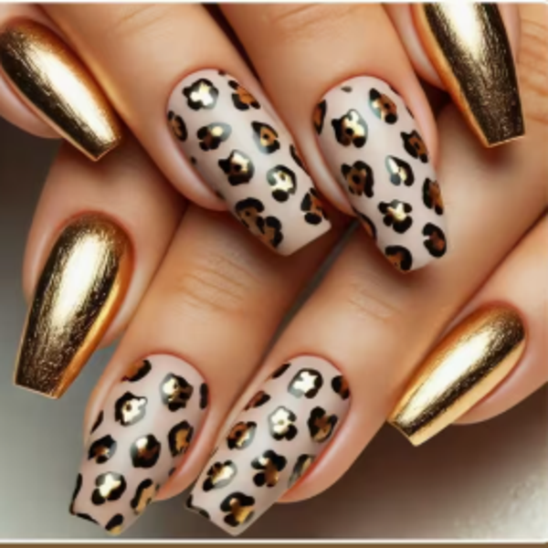 Leopard Print Press On Nails with Metallic Golden - Long Coffin/Shadow