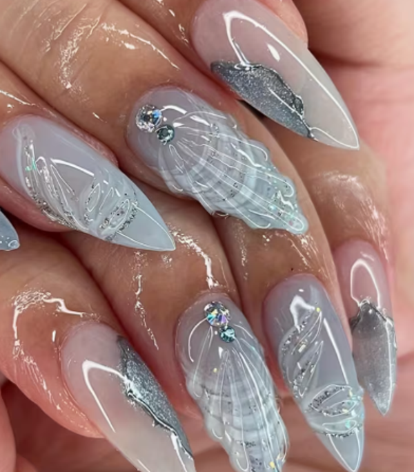 Long Water Drop Shaped Acrylic Fake Nails - Glossy Blue Series with Sparkling Diamond Patterns