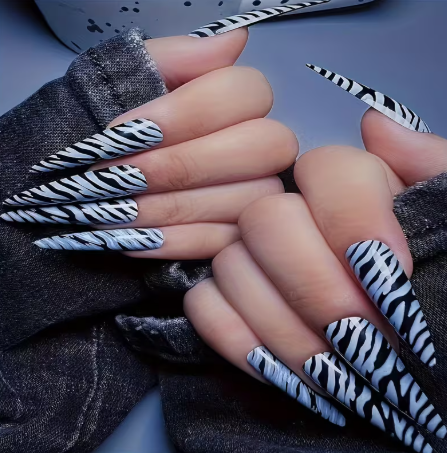 Long Glossy Black Zebra Stripe Press-On Nails - Reusable