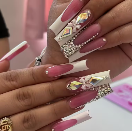 Press-On Nail Extensions - Glossy Acrylic Nail Tips "Pink Sparkle"
