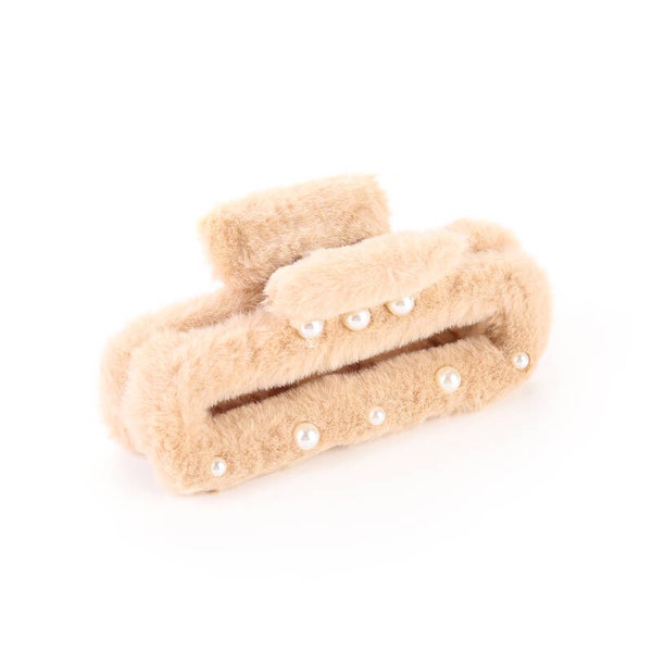 Fluffy Haarklem Beige Met Parels