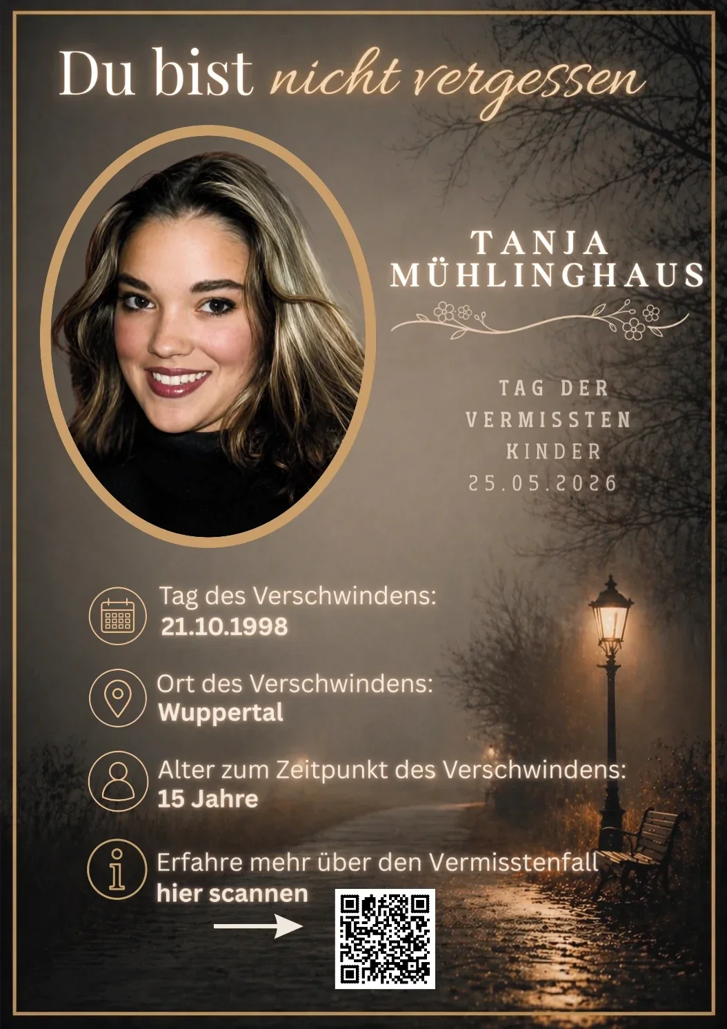 Gedenkplakat für die seit 1998 vermisste Tanja Mühlinghaus