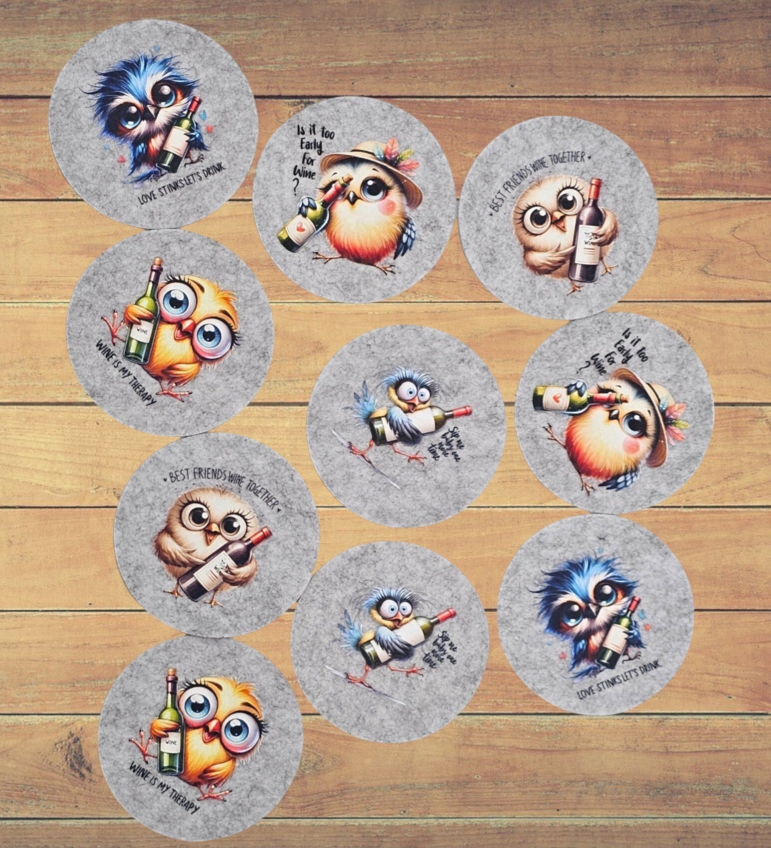 Filzuntersetzer - Vögel und Weinflasche
