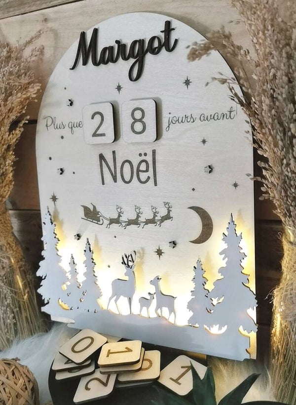 Décompte de jours avant Noël en bois lumineux – Personnalisable