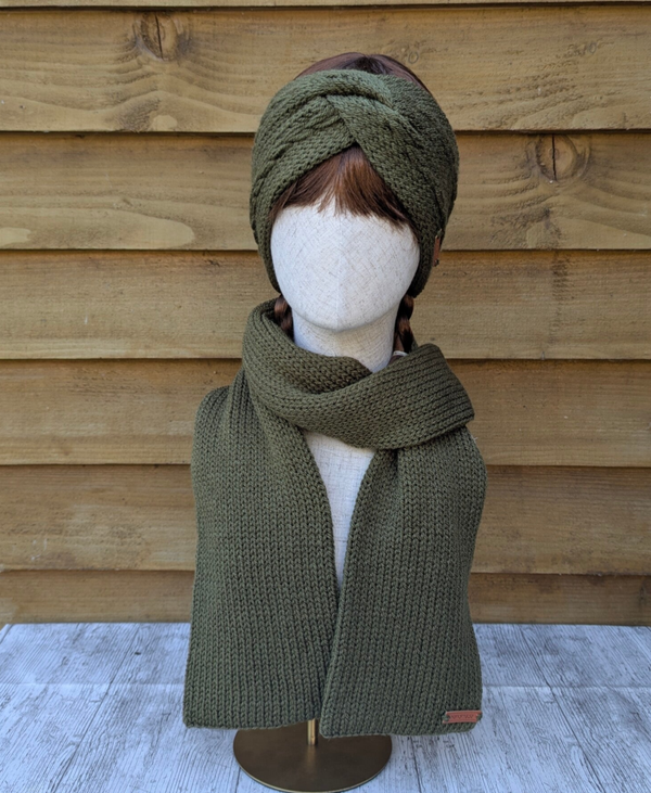 Khaki Green Knitted Ear Warmer and Scarf
