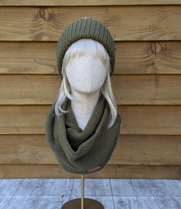 Khaki Green Knitted Hat and Snood