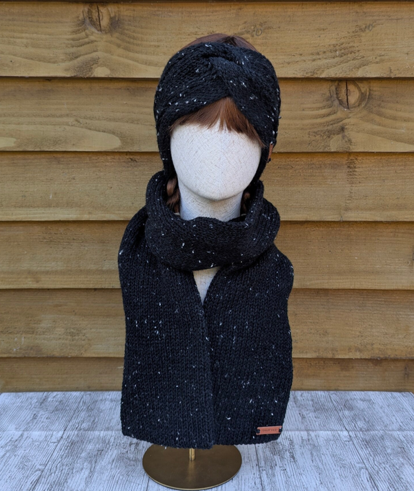 Black Tweed Knitted Ear Warmer and Scarf