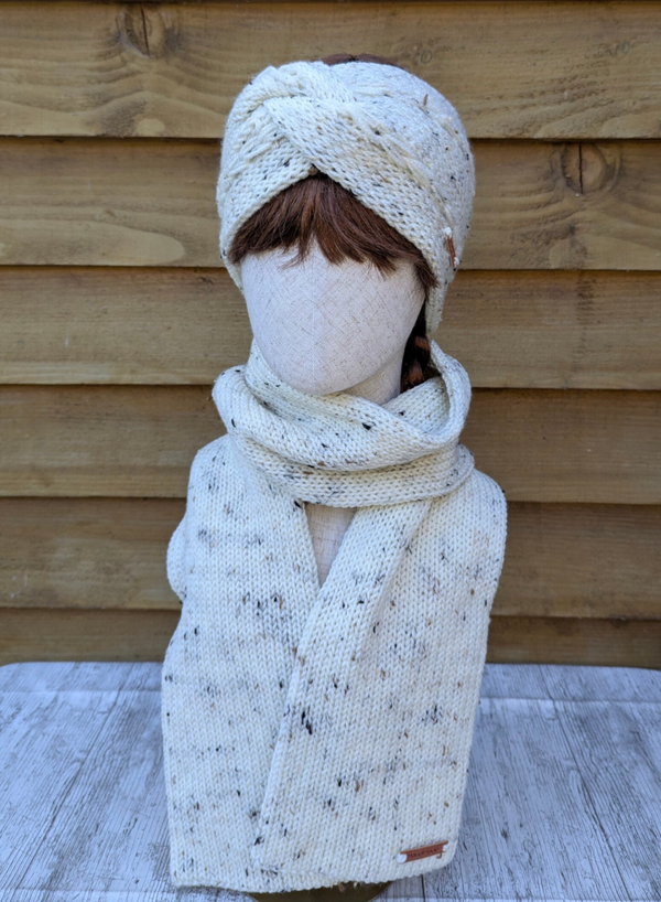 Cream Tweed Knitted Ear Warmer and Scarf