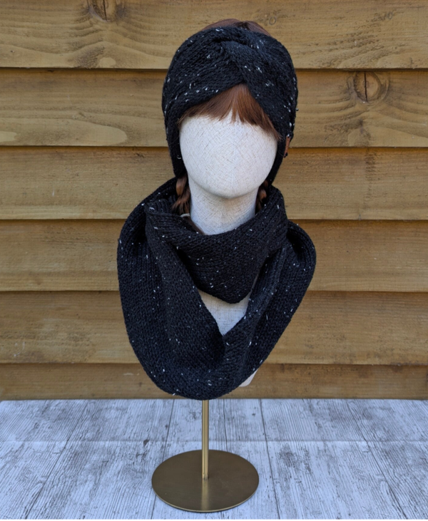 Black Tweed Knitted Ear Warmer and Snood