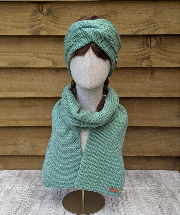 Sage Green Knitted Ear Warmer and Scarf