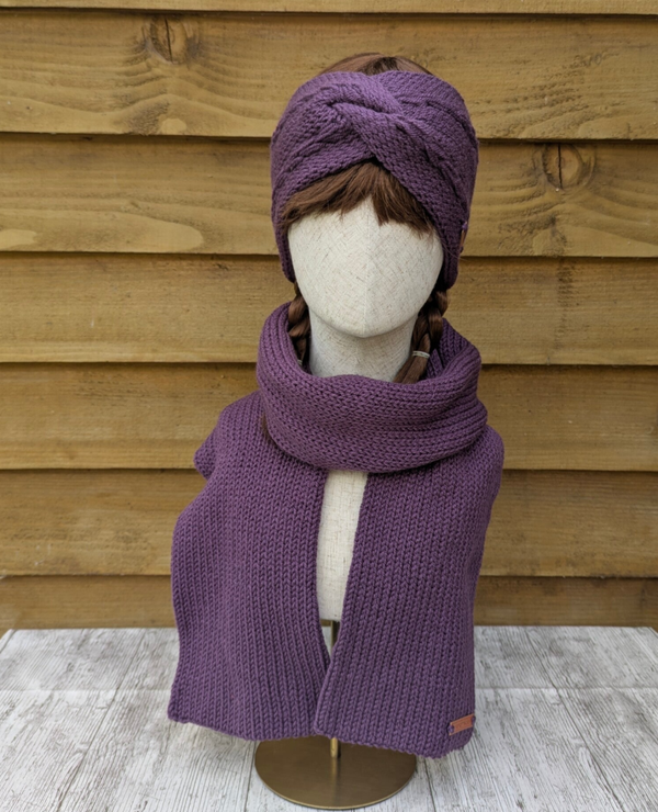 Plum Knitted Ear Warmer and Scarf