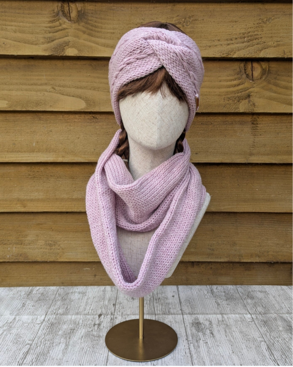 Baby Pink Knitted Ear Warmer and Snood