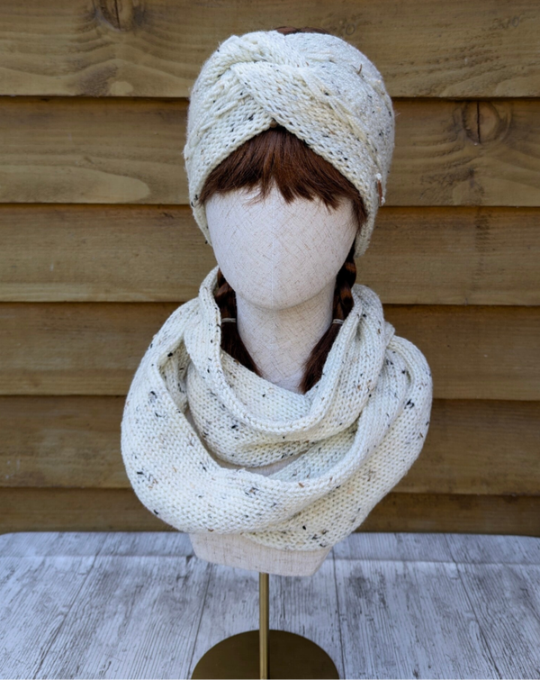 Cream Tweed Knitted Ear Warmer and Snood