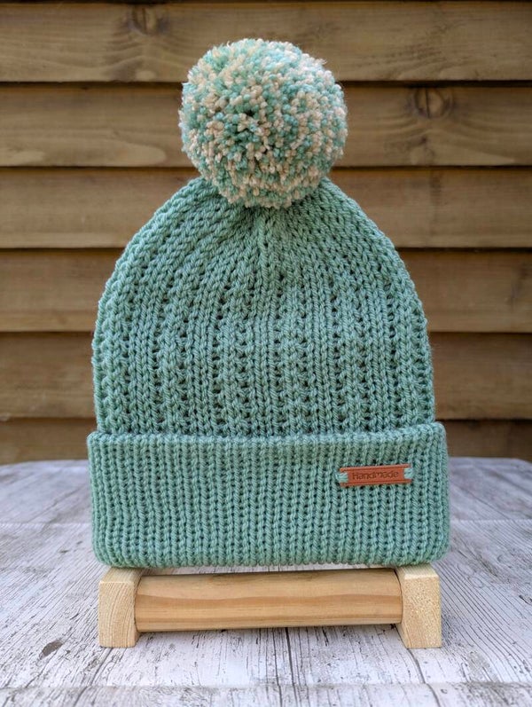 Sage Green Knitted Hat With Pom Pom