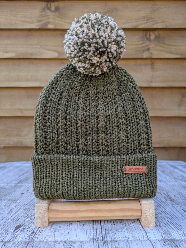 Khaki Green Knitted Hat With Pom Pom