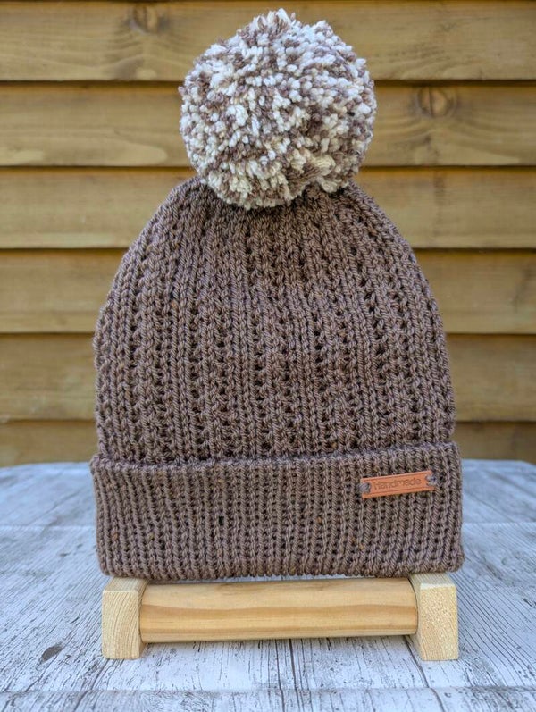 Brown Tweed Knitted Hat With Pom Pom