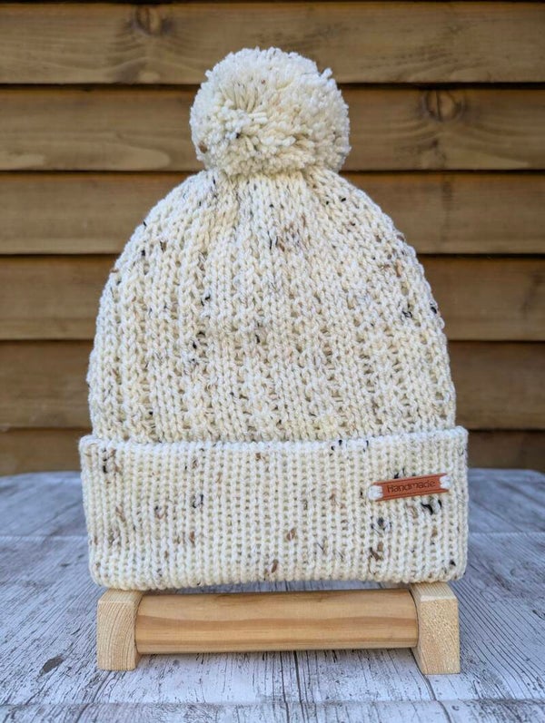 Cream Tweed Knitted Hat With Pom Pom