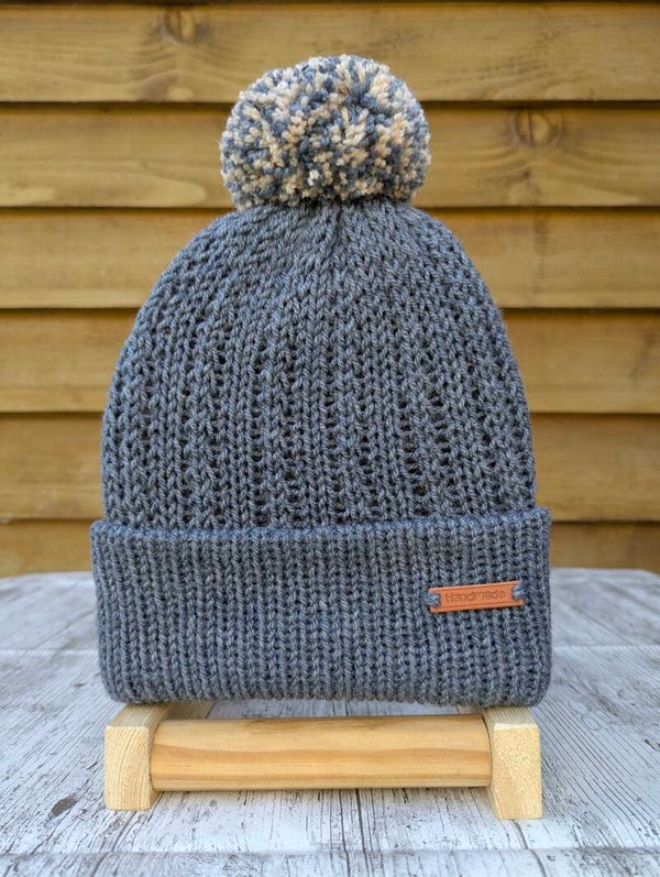 Granite Grey Knitted Hat With Pom Pom