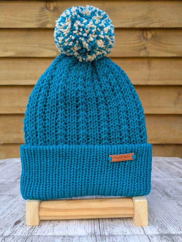 Turquoise Knitted Hat With Pom Pom