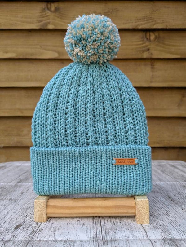 Duck Egg Blue Knitted Hat With Pom Pom