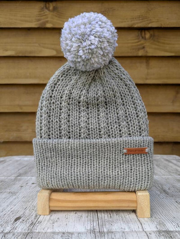 Dove Grey Knitted Hat With Pom Pom