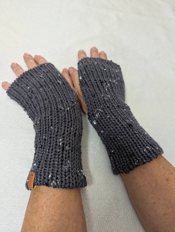 Grey tweed pair of knitted hand warmers