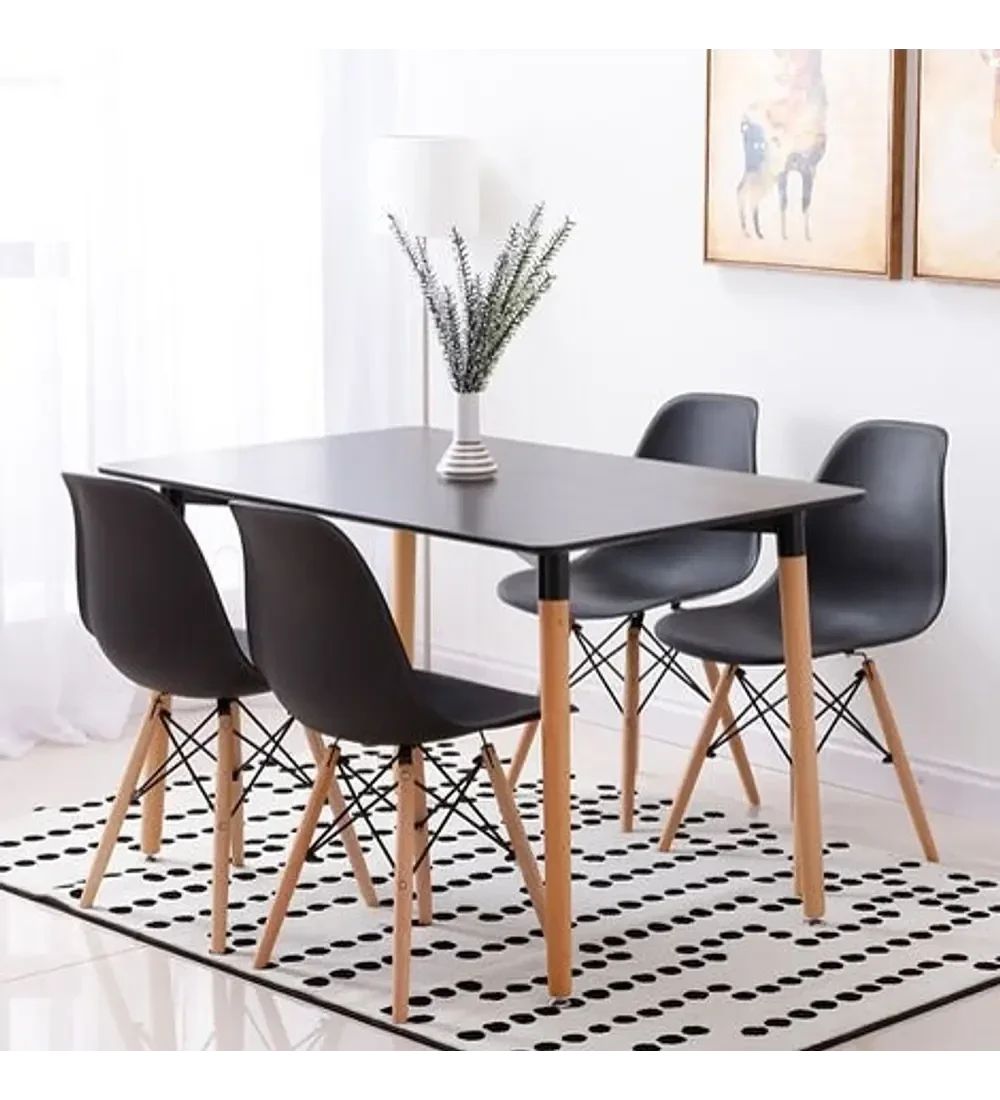 MESA LACADA NEGRA 120X80 + 4 SILLAS NORDICAS NEGRAS