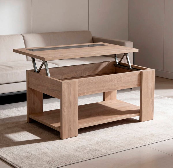MESA DE CENTRO ELEVABLE CON CRISTAL NEGRO 90X50. CAMBRIAN O BLANCO
