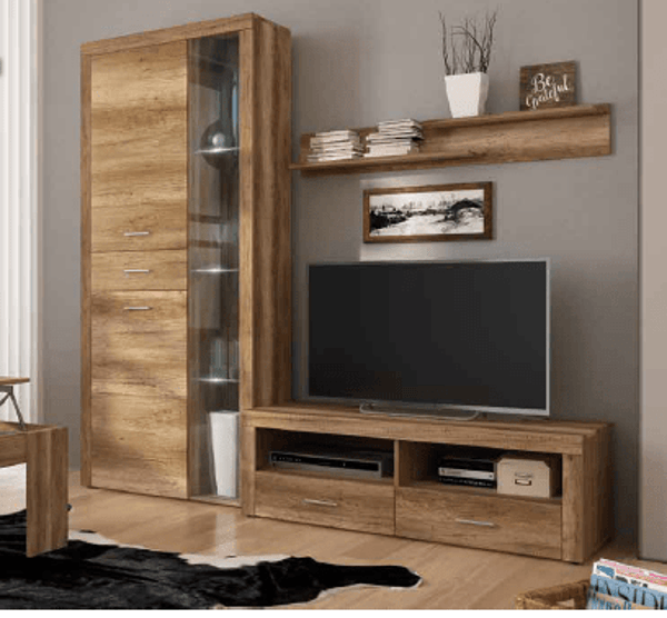 COMPOSICIÓN 230CM: MUEBLE DE TV 135CM+VITRINA 95CM LUCES LED+ ESTANTE