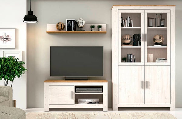 COMPOSICIÓN 235CM: MUEBLE DE TV 118CM+VITRINA 116CM+ESTANTE
