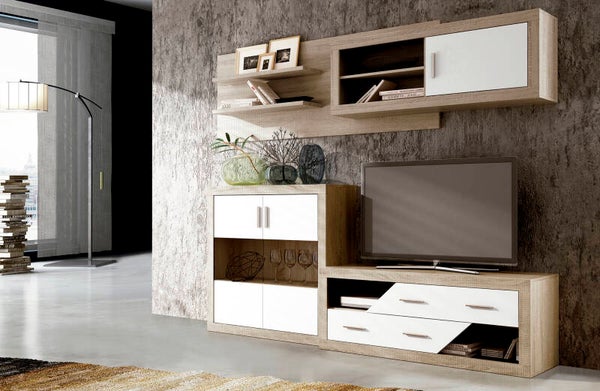 COMPOSICIÓN 240CM: MUEBLE DE TV 130+VITRINA 2 PUERTAS+ALTO CON PUERTA Y ESTANTES