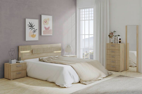 CABECERO 210CM CON LUCES LED+2 MESAS DE NOCHE+1 SINFONIER+ 1 ESPEJO  PUCCINI-TEXTIL