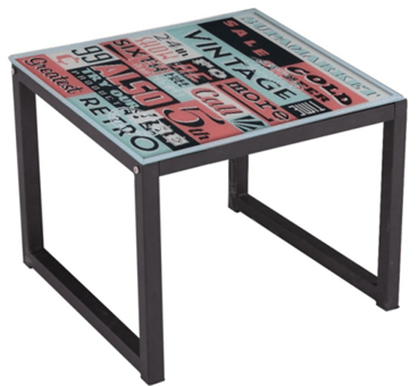 MESA DE CENTRO FIJA CRISTAL IMPRESO PATAS NEGRAS 50x50