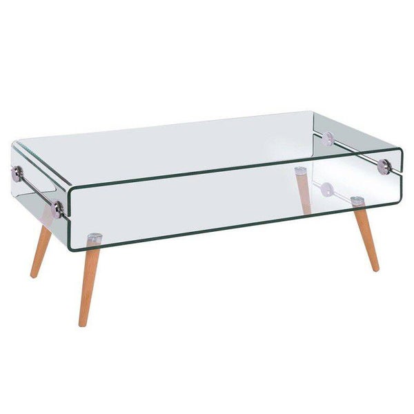 MESA DE CENTRO CRISTAL CURVADO PATAS DE MADERA