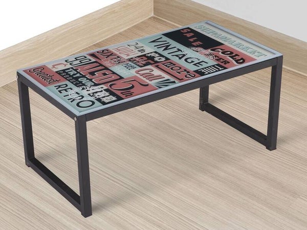 MESA DE CENTRO FIJA CRISTAL IMPRESO PATAS NEGRAS 90X50