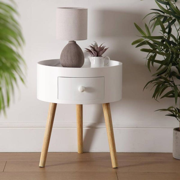 MESA REDONDA BLANCA  38CMS CON PATAS DE MADERA 1 CAJÓN