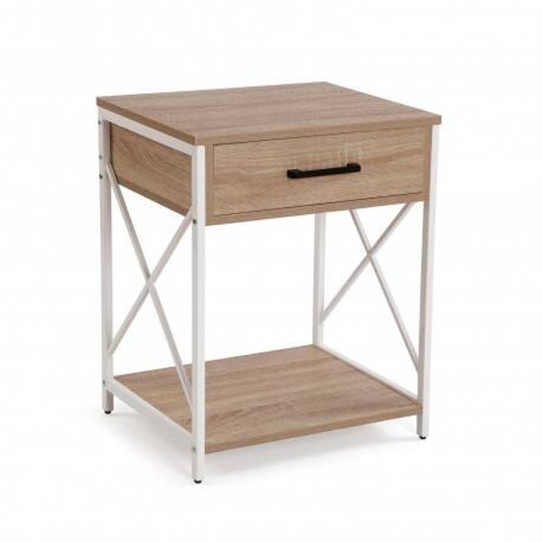 MESA DE NOCHE/AUXILIAR 1 CAJÓN MADERA Y METAL BLANCO