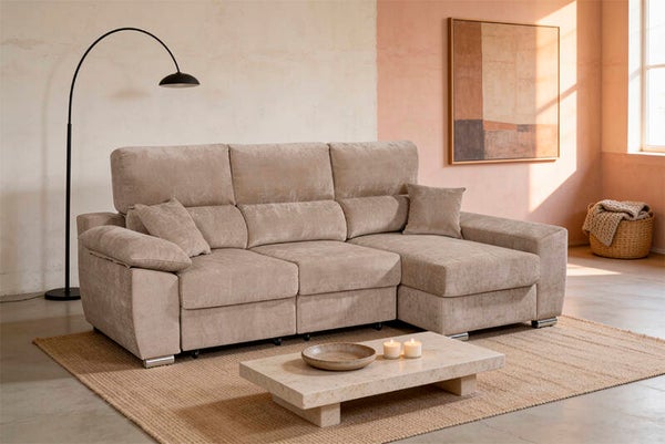 SOFÁ CHAISE LONGUE 258CM ASIENTOS DESLIZANTES DERECHO BEIGE