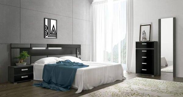 CABECERO 260CM CON LUCES LED+2 MESAS DE NOCHE+1 SINFONIER+ 1 ESPEJO CENIZA-NEGRO