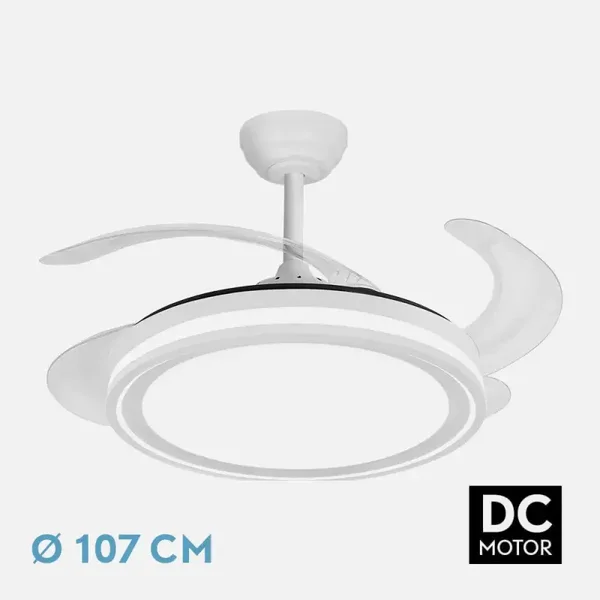 Ventilador Blanco Dc con 4 aspas desplegables y 3 tonos de luces. Remoto+ Temporizador