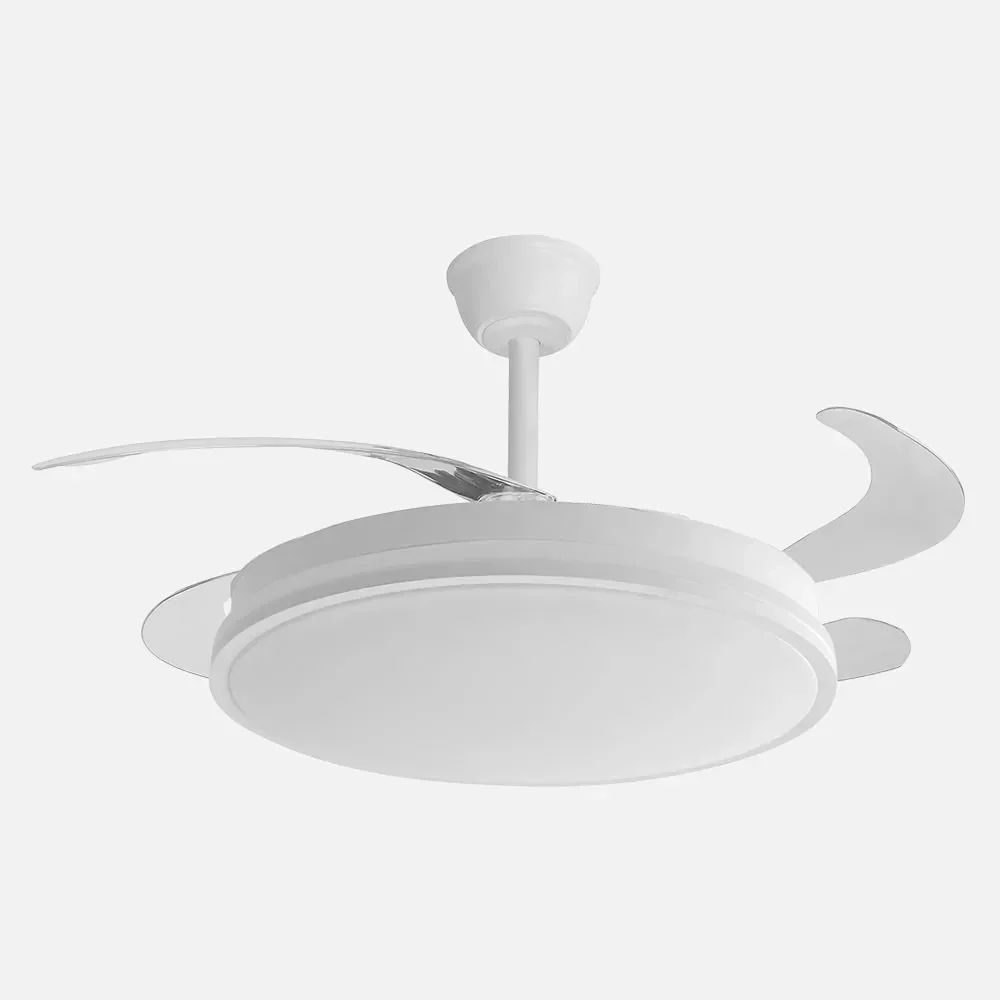 Ventilador Blanco Dc con 4 aspas desplegables y 3 tonos de luces. Remoto+ Temporizador