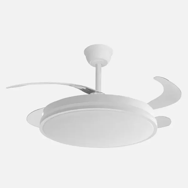 Ventilador Blanco Dc con 4 aspas desplegables y 3 tonos de luces. Remoto+ Temporizador
