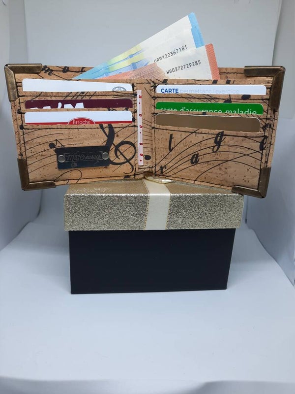 Portefeuille, porte-carte en liège notes de musique